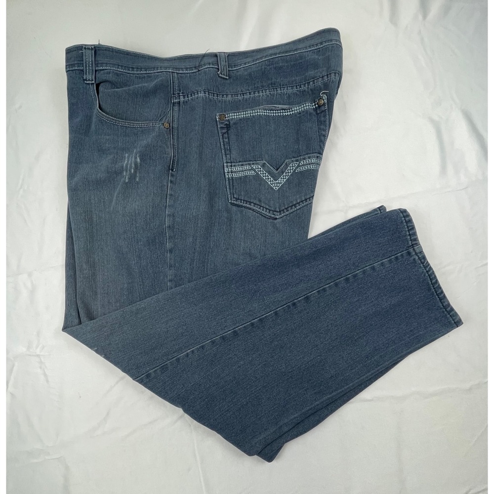 Mens Blue Straight Leg Embroidered Pocket Distressed Denim Jeans 46x31